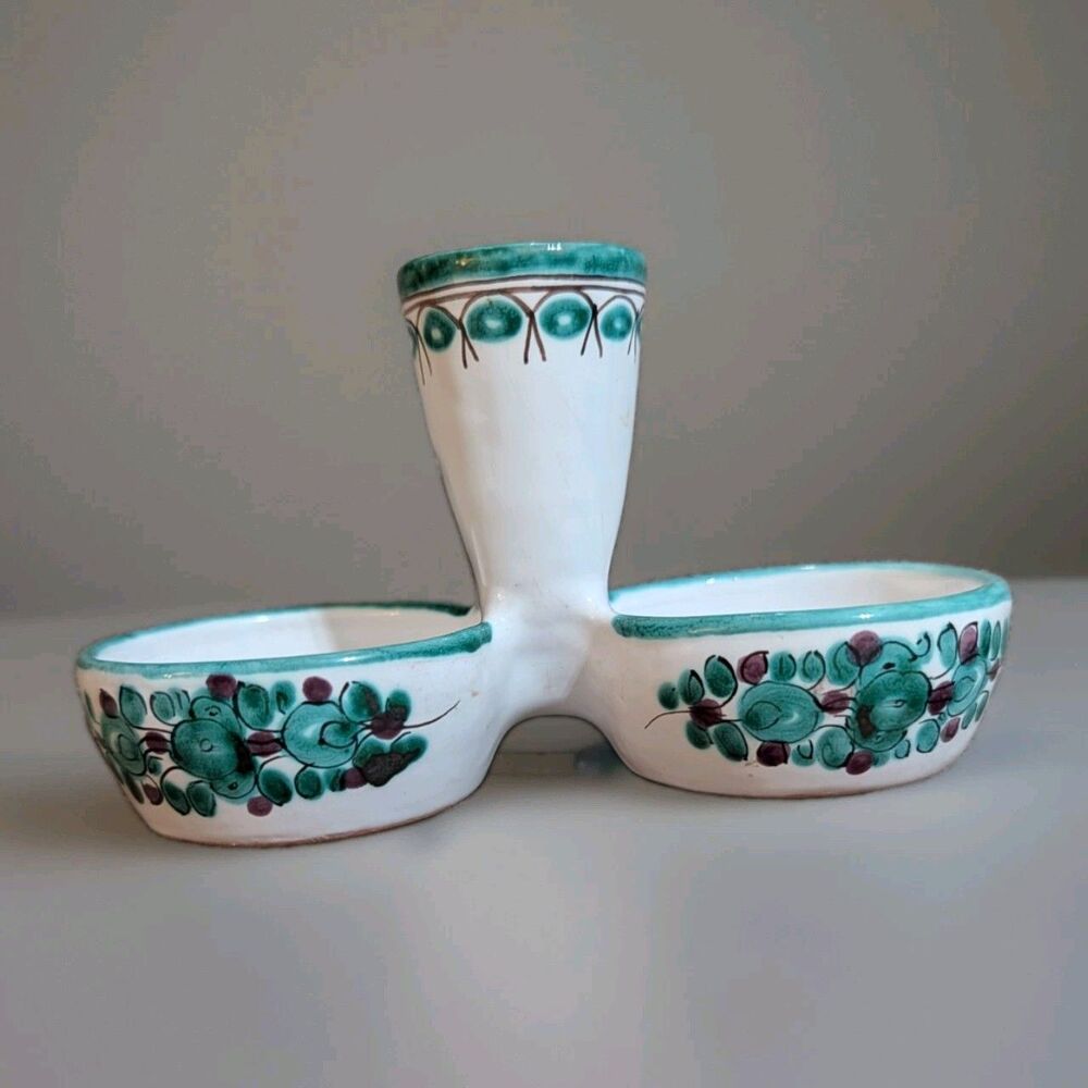 Vintage Modra Slovak Majolica Hand Painted Double  Salt Cellar Toothpick Holder